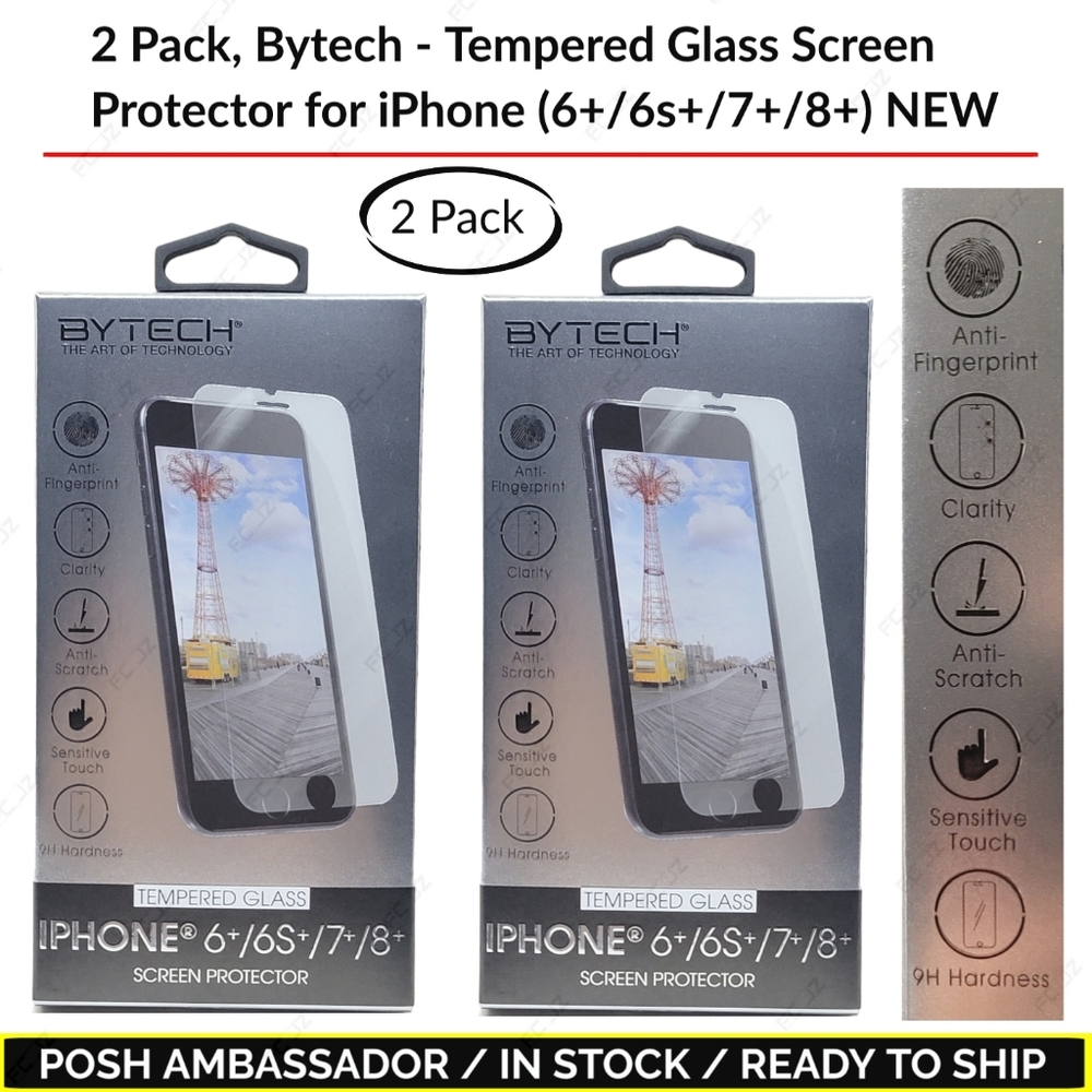 2 Pack, Bytech - Tempered Glass Screen Protector for iPhone (6+/6s+/7+/8+) NEW